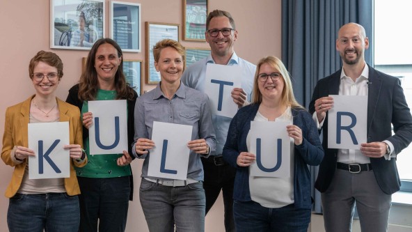 6 Personen stehen nebeneinander und halten Zettel mit Buchstaben in der Hand, die das Wort "Kultur" ergeben